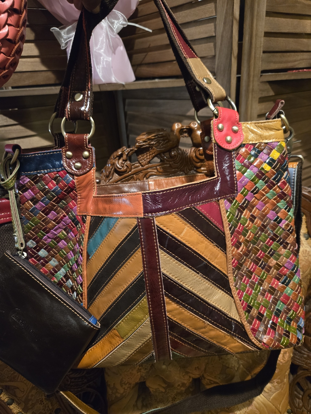 Multicolor Glazed Woven Leather Chevron Tote Bag With Small pouch. EUC